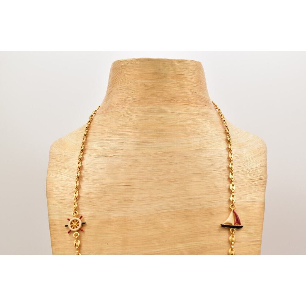 Vintage Mariner Station Chain Necklace Anchor Sail Boat Helm Red Blue Gold BinBC - Picture 8 of 12